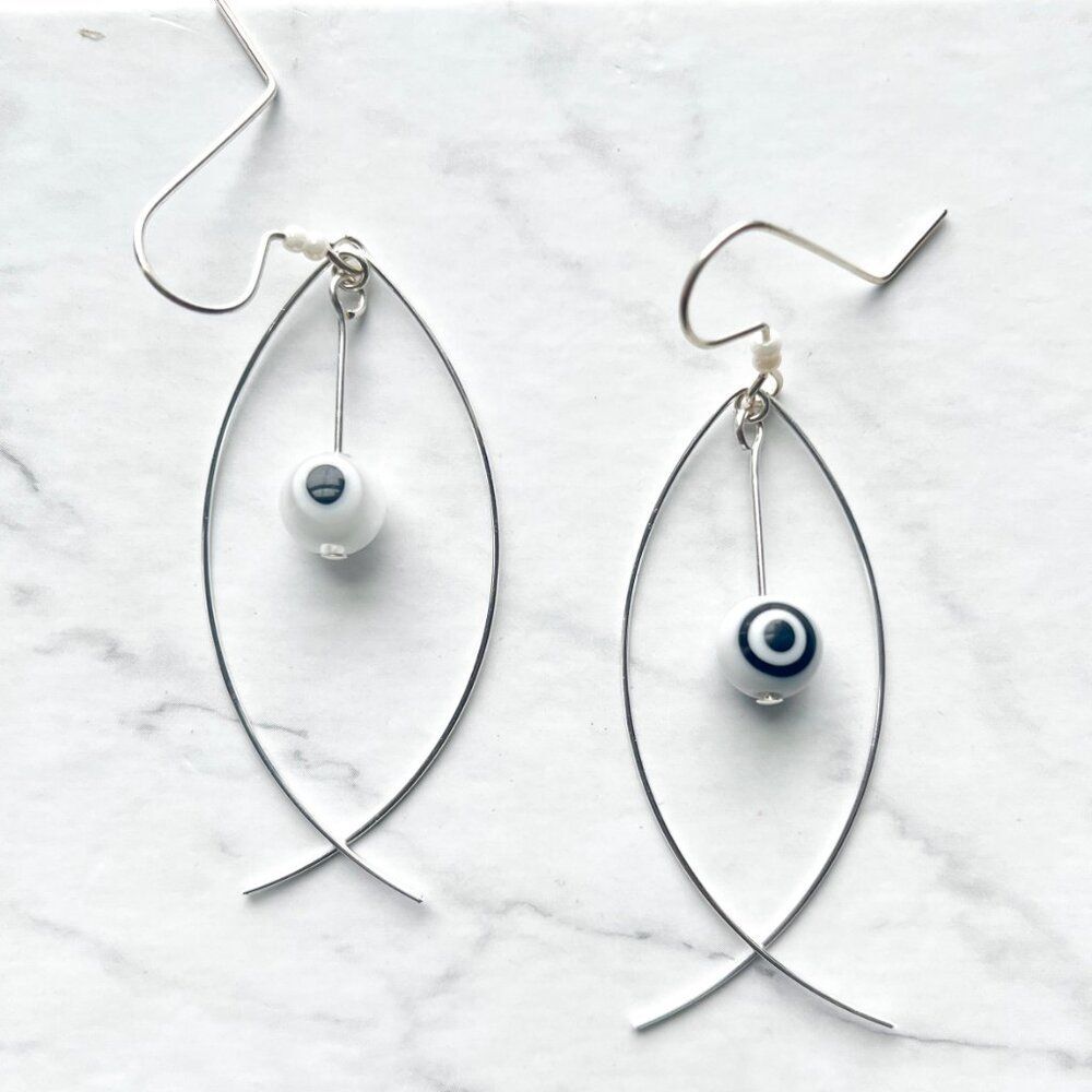 Silver Fish Earrings with White Evil Eye Worry Bead
